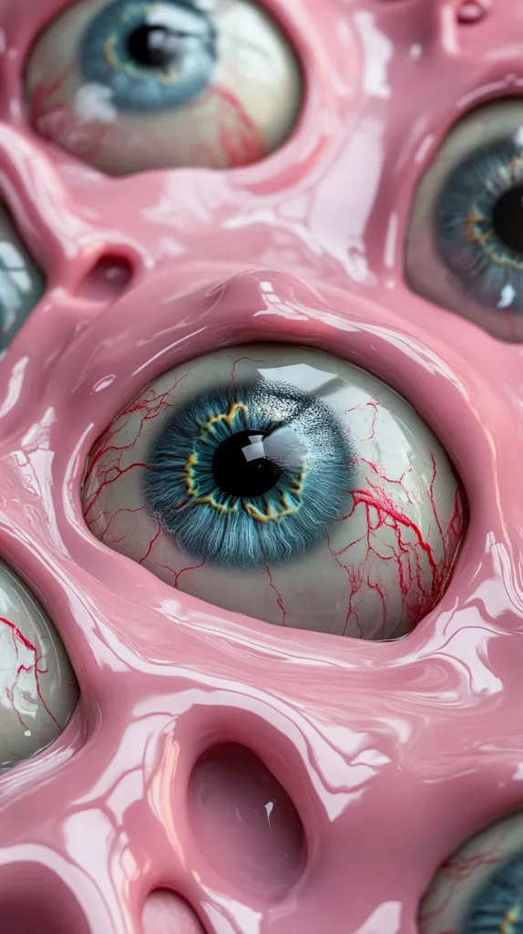 Close-up view of a surreal, pink, viscous substance engulfing several realistic eyes.  The eyes have visible blood vessels and a teal iris. The pink material has a glossy, almost melting appearance, creating a disturbing yet captivating image. The texture and color contrast between the eyes and the substance is striking.  Multiple eyes are partially or fully submerged within the pink mass.