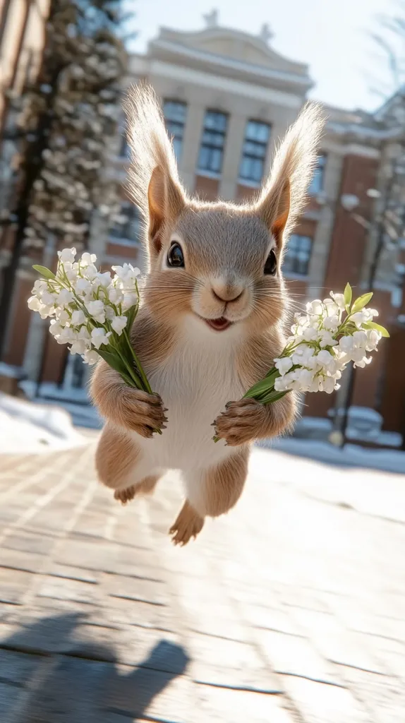 A cute, fluffy squirrel is captured mid-air, seemingly flying towards the viewer.  It holds two bouquets of delicate white lilies-of-the-valley. The background is blurred, showing a snowy scene and a large building, creating a charming and whimsical image. The squirrel's expression is cheerful, adding to the overall joyful mood.