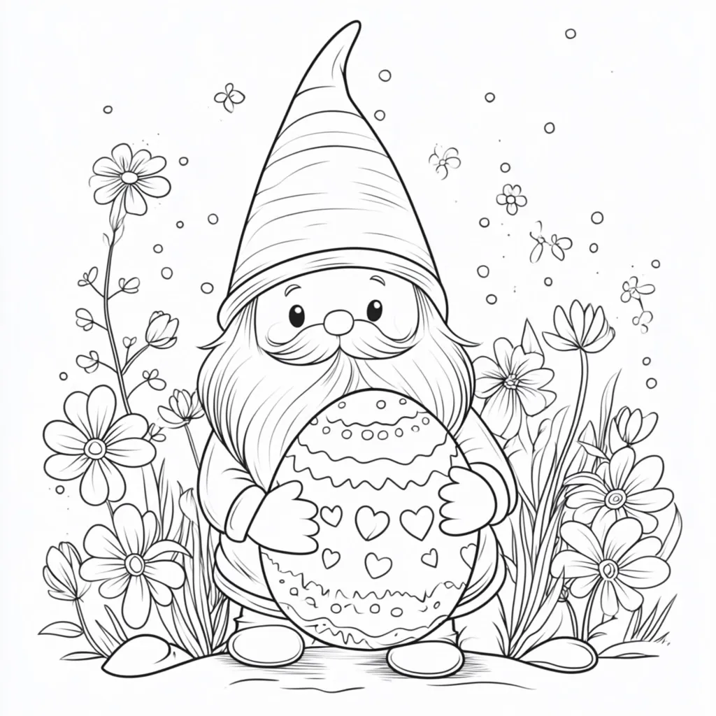 A charming line drawing depicts a gnome, adorned in a pointed hat, gently cradling a large, intricately decorated Easter egg.  He's surrounded by a delightful array of blooming flowers, creating a whimsical springtime scene perfect for coloring. The gnome's expression is sweet and peaceful, enhancing the overall cheerful ambiance.  Butterflies flutter in the background, adding to the festive atmosphere.