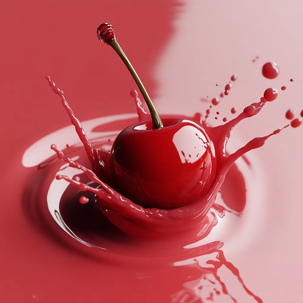 A single, glistening red cherry plunges into a pool of vibrant red liquid, creating a dramatic splash.  The liquid explodes outwards in a starburst pattern, highlighting the cherry's perfect form and the glossy texture of both fruit and liquid. The image is a study in vibrant color and fluid motion.