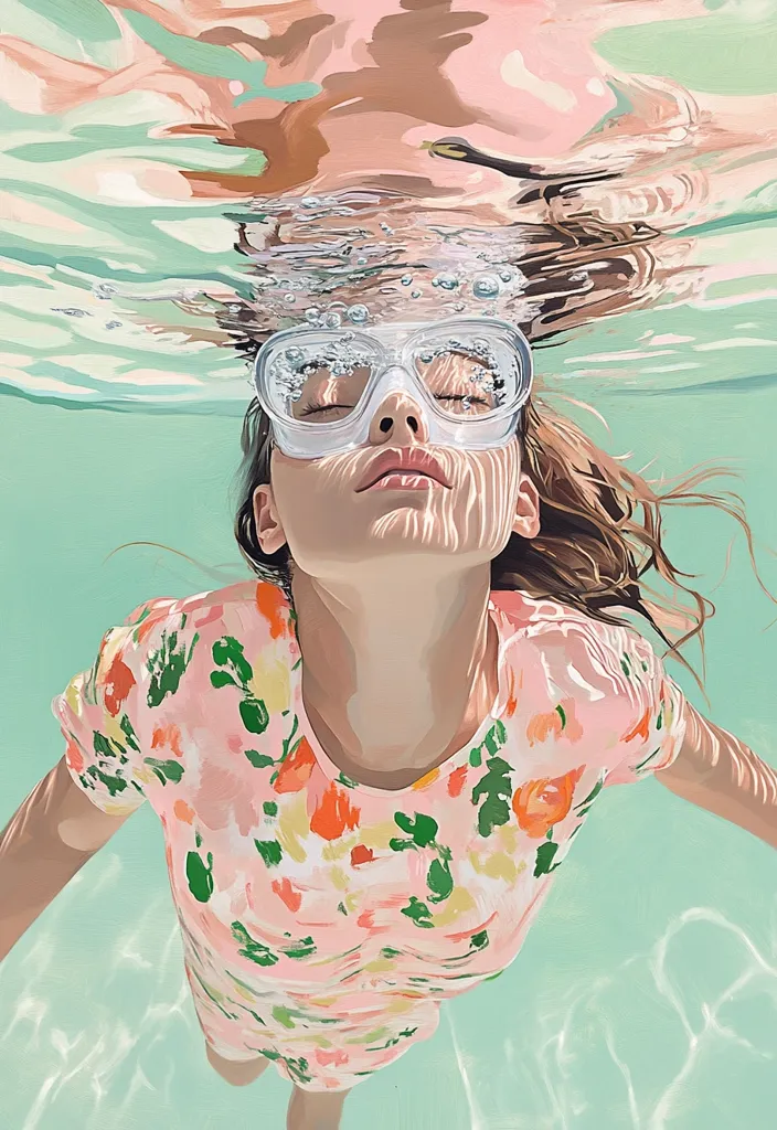 A young woman with closed eyes floats serenely beneath the surface of a turquoise pool, wearing a pink floral swimsuit and clear diving goggles.  Bubbles surround her face, and sunlight filters through the water, creating shimmering patterns on her skin. The painting's style is hyperrealistic, emphasizing the details of the water and the woman's relaxed expression.  It evokes a sense of calm and summer tranquility.