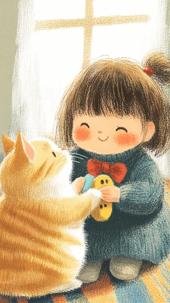 A cheerful illustration depicts a little girl with rosy cheeks and a red bow, sharing a tender moment with an orange tabby cat.  The girl, dressed in a cozy blue sweater, holds a small toy.  Sunlight streams through a window behind them, illuminating the scene with a warm, gentle glow. The overall style is soft and whimsical, creating a heartwarming image of friendship.