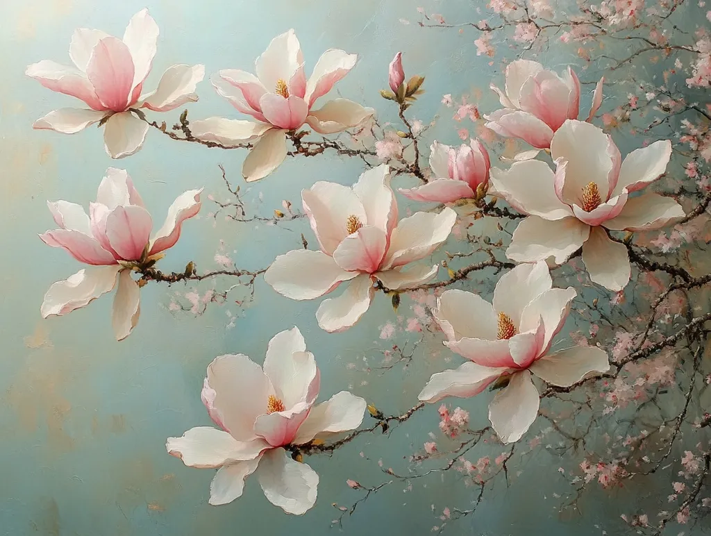 A serene painting depicts a magnolia tree in full bloom against a soft, teal sky.  Delicate, pale pink and white magnolia blossoms are meticulously rendered, showcasing their intricate textures and subtle color variations.  Smaller, blurred pink blossoms suggest a surrounding undergrowth, adding depth and enhancing the overall ethereal beauty.  The artist's style is realistic yet impressionistic, capturing the light and movement of the flowers.