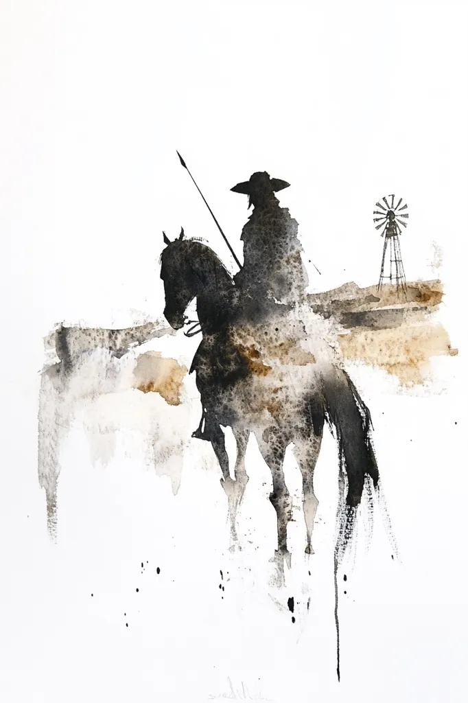 A watercolor painting depicts a lone figure on horseback, silhouetted against a minimalist landscape. The rider, wearing a wide-brimmed hat, holds a spear.  The horse's form is partially obscured by washes of brown and grey, creating a sense of movement. A distant windmill suggests a desolate, yet peaceful setting. The style is evocative, emphasizing mood and atmosphere over precise detail.
