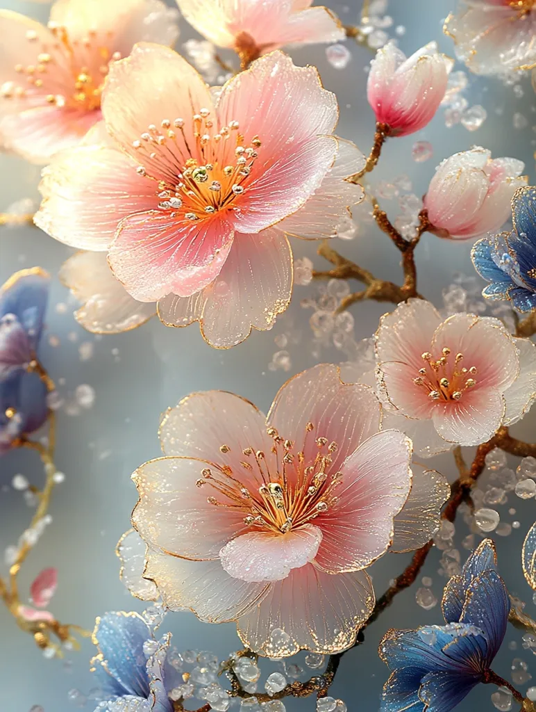 Delicate pink and gold flowers, possibly cherry blossoms, are the focal point of this artwork.  They are meticulously detailed, with gold accents outlining each petal. Smaller blossoms and blue flowers are scattered throughout the piece, which appears to be resin art, creating a dreamy, ethereal effect against a soft blue background.  Crystalline elements add sparkle and depth.