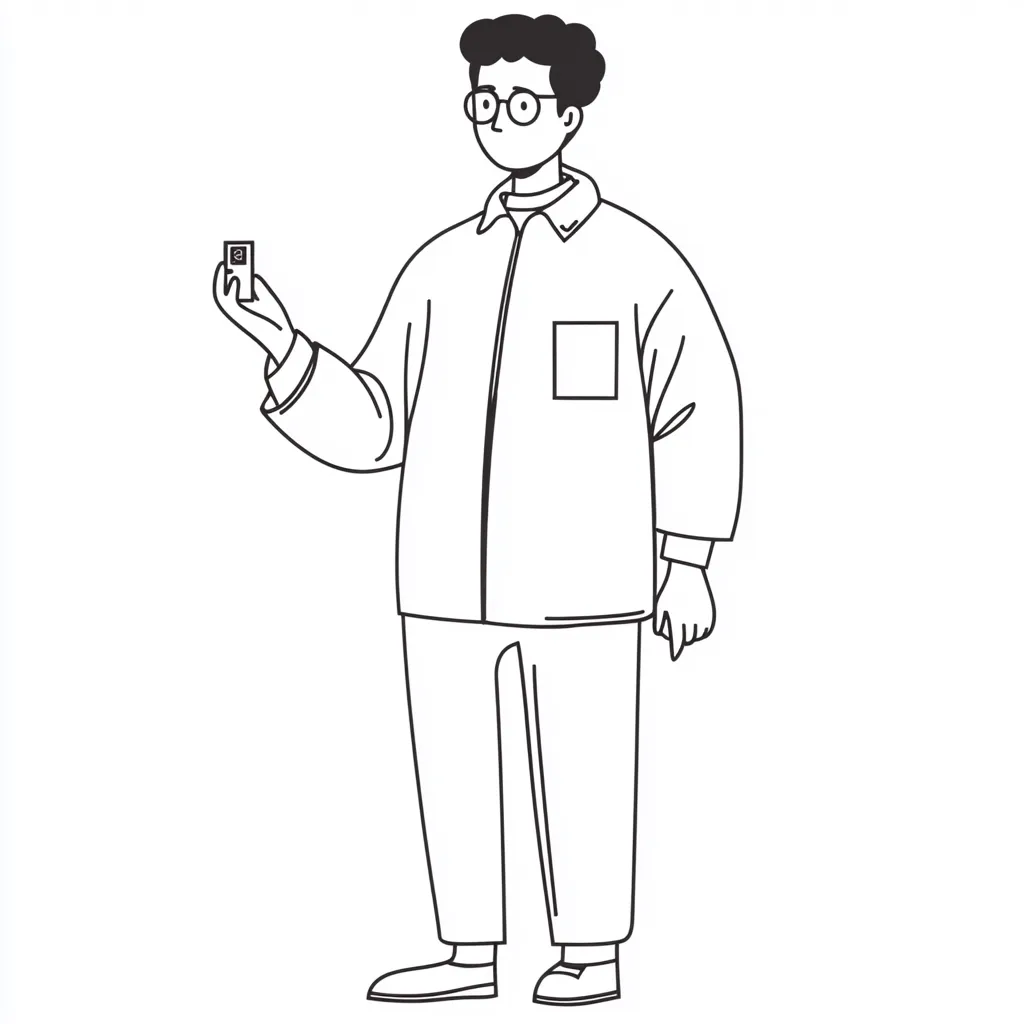 A line drawing depicts a man in glasses and a light jacket holding a small, rectangular object. He stands with his feet slightly apart and his hands gesturing, suggesting he is presenting or explaining something. His attire is simple, and the overall style is minimalist and clean.  The image focuses on the man and his action, leaving the background plain white.