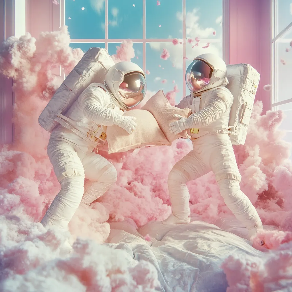Two astronauts in white suits playfully fight with a pillow in a room filled with pink cotton candy-like clouds.  The scene is surreal and whimsical, set against a large window with a bright, dreamy sky. The astronauts' actions and the soft, pastel colors create a lighthearted and fantastical atmosphere.