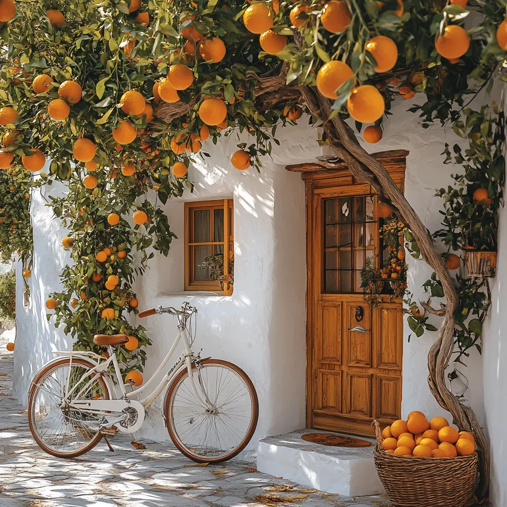 A whitewashed building with a wooden door is adorned by an orange tree overflowing with ripe fruit.  A cream-colored bicycle leans against the wall, adding to the idyllic scene.  A wicker basket brimming with more oranges sits near the doorway, completing the vibrant, sun-drenched image.  The overall feel is one of peaceful, Mediterranean charm.