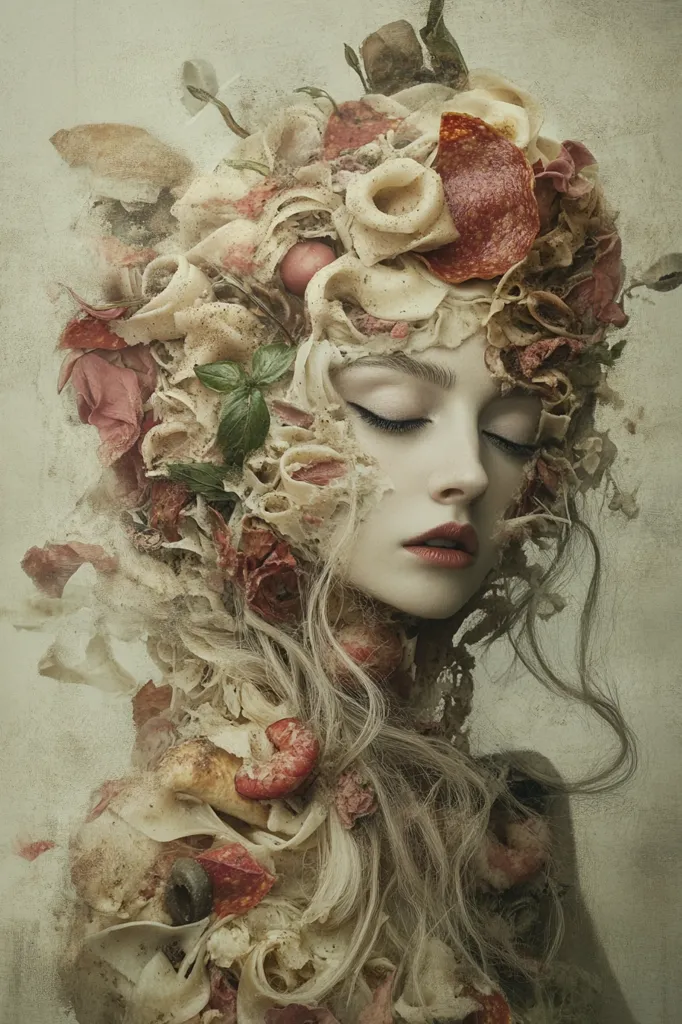 A woman's face is partially obscured by a surreal headdress crafted from pasta, flowers, and cured meats.  Her eyes are closed, and her expression is serene. The overall aesthetic is dreamlike and slightly melancholic, with muted earth tones dominating the palette. The texture is richly detailed, emphasizing the organic and decaying aspects of the composition.