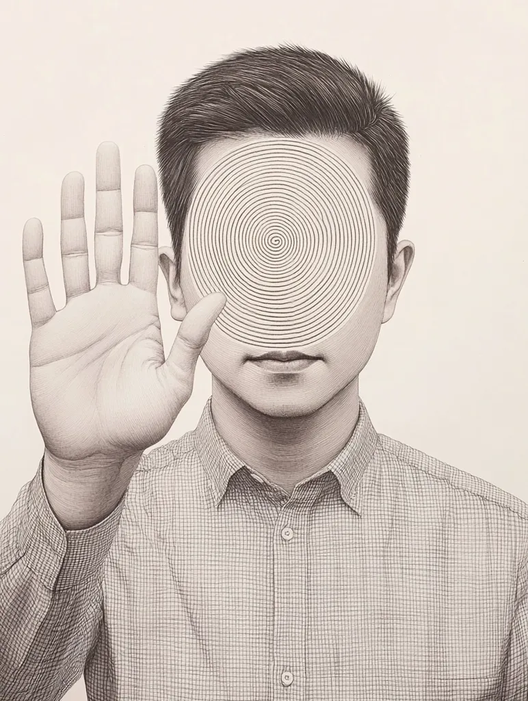 A meticulously detailed pencil drawing depicts a young man with his face obscured by a hypnotic spiral.  His hand is raised in a stop gesture, creating a stark contrast between the intricate detail of the spiral and the simple form of his hand. The man wears a checked shirt, adding to the overall sense of controlled precision in the artwork. The style is hyperrealistic, emphasizing texture and linework.