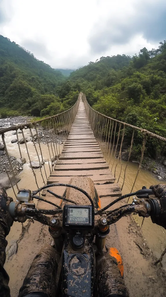 A muddy motorbike crosses a rustic rope bridge spanning a lush green valley.  The bridge, constructed of wood and rope, stretches across a shallow river between verdant hills. The rider's first-person perspective emphasizes the precariousness and adventure of the journey.  The sky is overcast, enhancing the atmospheric mood.