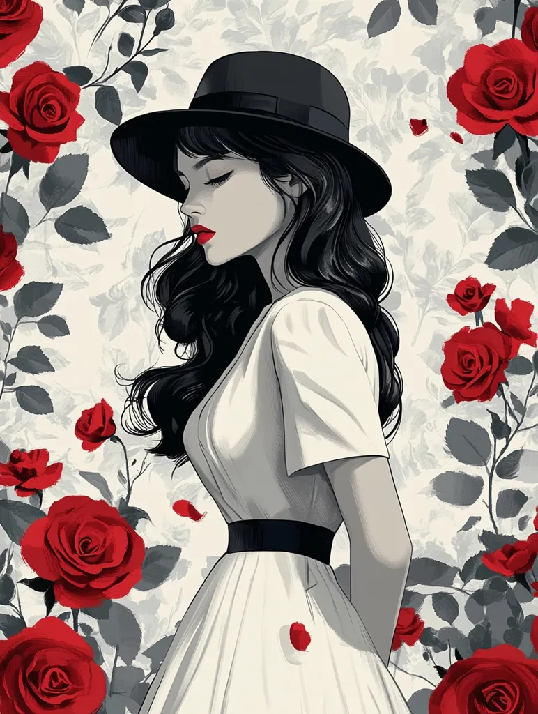 A stylish woman with dark hair, wearing a black hat and a flowing white dress, stands serenely amidst a backdrop of vibrant red roses and grey-toned foliage.  Her eyes are closed, and her expression is peaceful. The monochromatic color palette emphasizes the elegance of the woman and the intensity of the flowers. The image evokes a sense of quiet beauty and contemplation.