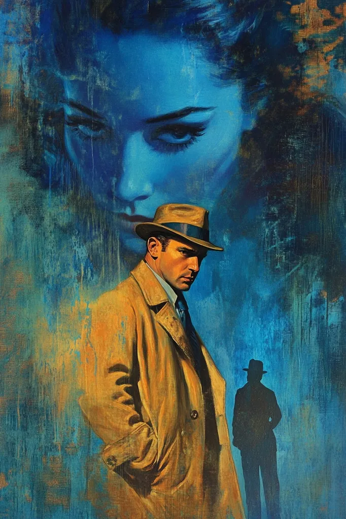 A painting depicting a film noir scene. A man in a trench coat and fedora stands prominently, his expression serious.  Behind him, a shadowy figure suggests surveillance.  A woman's face, rendered in striking blue tones, dominates the upper portion, her gaze intense and mysterious.  The overall mood is dark, suspenseful, and evocative of classic detective fiction.  The textured brushstrokes add depth and atmosphere.
