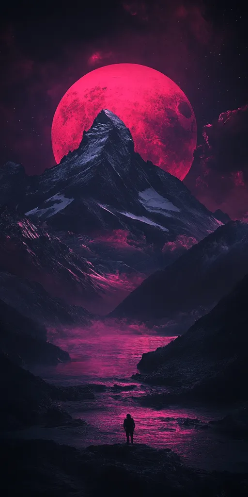 A solitary figure stands on a dark, rocky shore, gazing at a surreal scene.  A vibrant pink moon dominates the night sky, casting an ethereal glow on a snow-capped mountain range.  The water between the viewer and the mountains is a matching pink hue, creating a dramatic and otherworldly landscape.  Stars twinkle faintly against the intense color of the moon and sky.