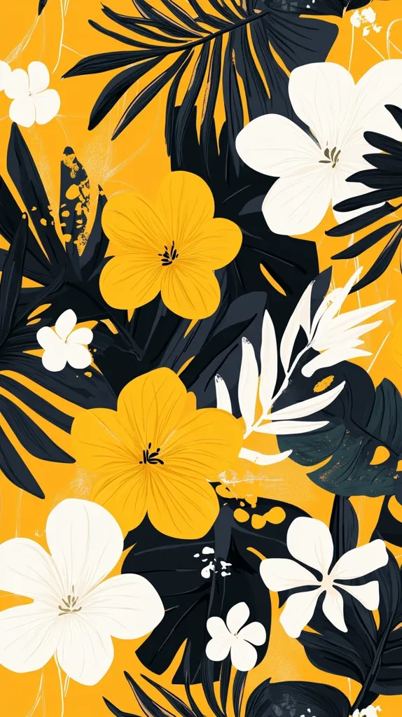 A vibrant tropical floral pattern bursts with color.  Bold yellow and white flowers are juxtaposed against dark, stylized palm leaves on a sunny yellow background. The design features a mix of large and small blooms, creating a lively and energetic aesthetic.  The stark contrast between dark and light elements adds depth and visual interest to this striking print.
