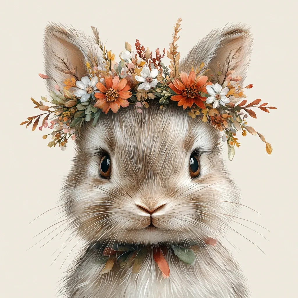 An adorable bunny rabbit is the focal point of this charming illustration.  Its soft, light brown fur is beautifully rendered, and it wears a crown of autumnal flowers in shades of orange, white, and rust.  The bunny's large, expressive eyes and delicate features are captivating, creating a sweet and endearing image. A smaller floral arrangement adorns its neck, enhancing the overall whimsical aesthetic.