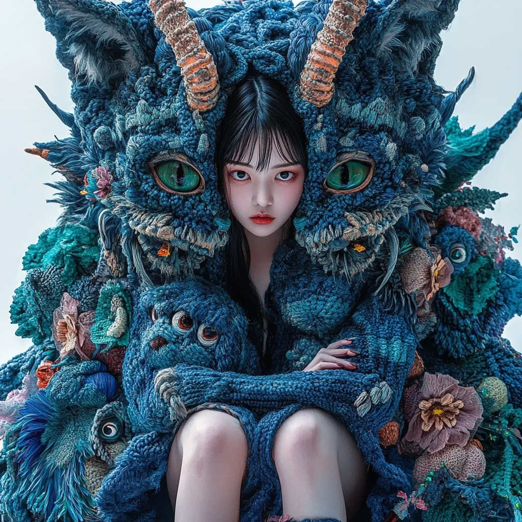 A young woman with dark hair sits enveloped by a fantastical, textured blue creature.  The creature resembles a large cat or monster, crafted from yarn or similar material, with large, green eyes and ornate details.  Surrounding the main figure are smaller, similar textured creatures and floral elements, creating a surreal and artistic scene. The overall aesthetic is dark, whimsical, and slightly unsettling.