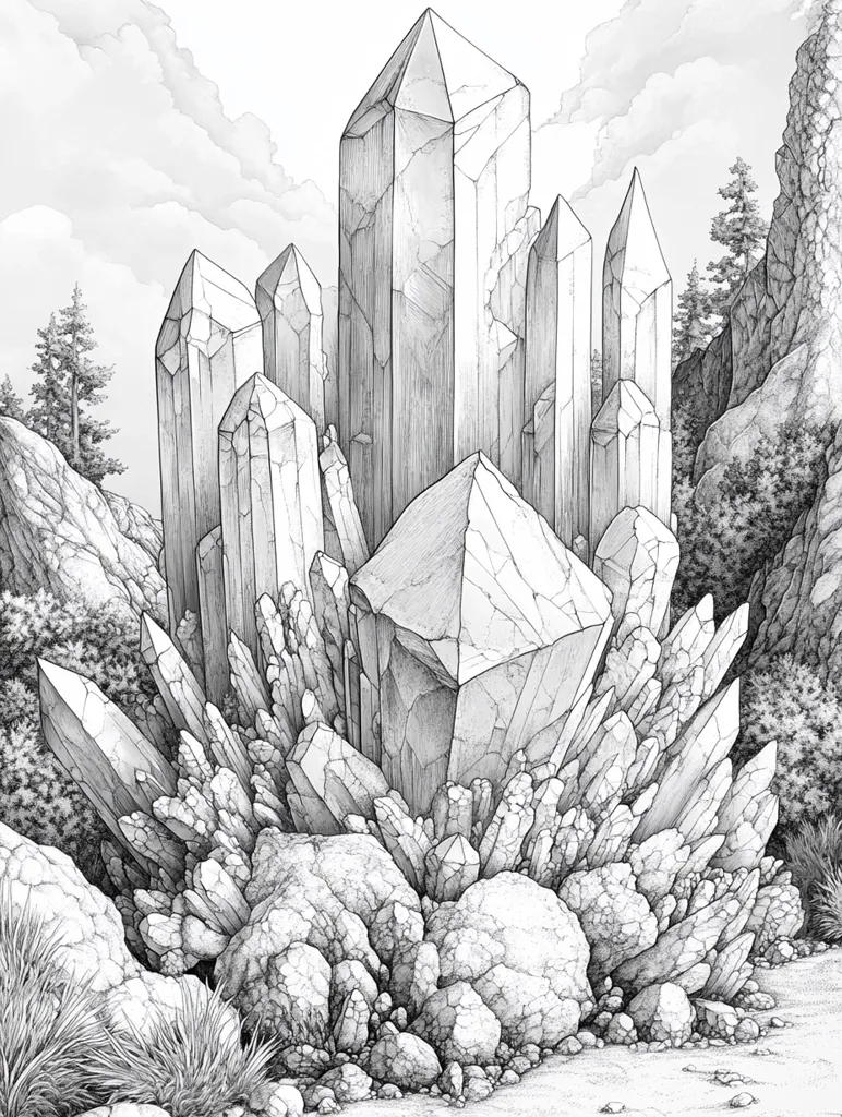 A detailed pencil sketch depicts a fantastical landscape dominated by a cluster of colossal crystals.  Towering, multifaceted crystals rise from a bed of smaller crystals and rocks, creating a city-like formation.  The scene is framed by rocky outcrops and sparse vegetation, suggesting a rugged, possibly mountainous, environment under a cloudy sky.  The intricate detail emphasizes the texture and facets of the crystals.