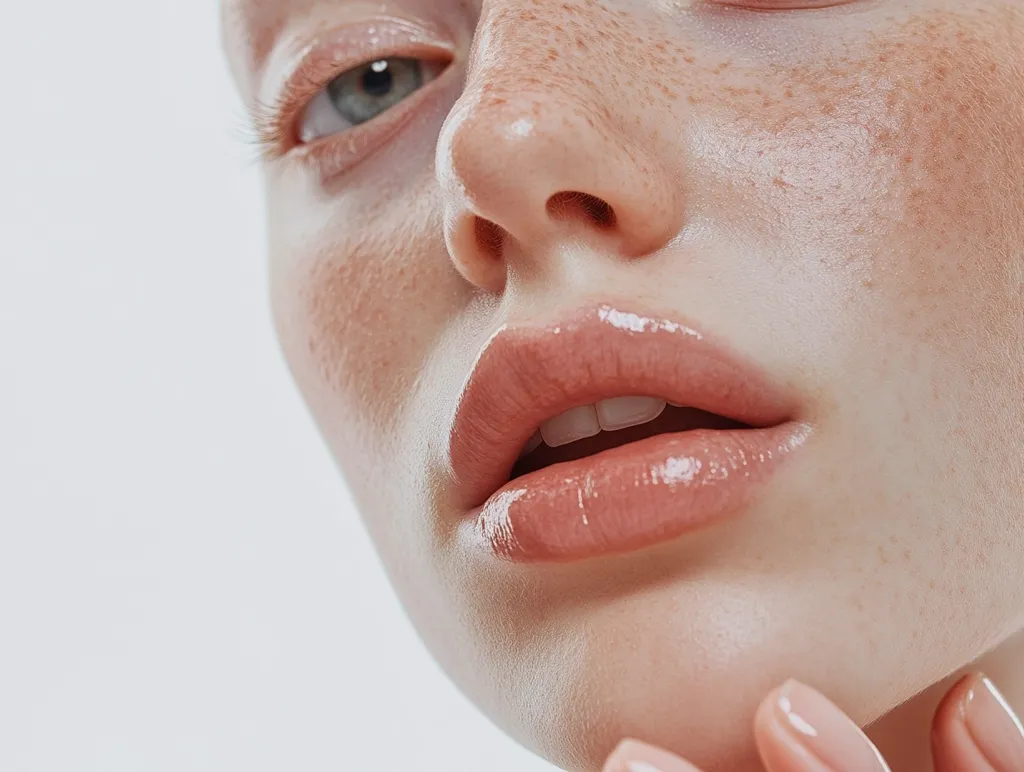 Close-up of a woman's face, showcasing her light skin with freckles, and a subtle, glossy, peach-toned lip color.  Her eyes are partially visible, revealing light-colored irises. The image emphasizes natural beauty and healthy skin.  Her fingers gently touch her chin. The overall aesthetic is clean and minimalist.