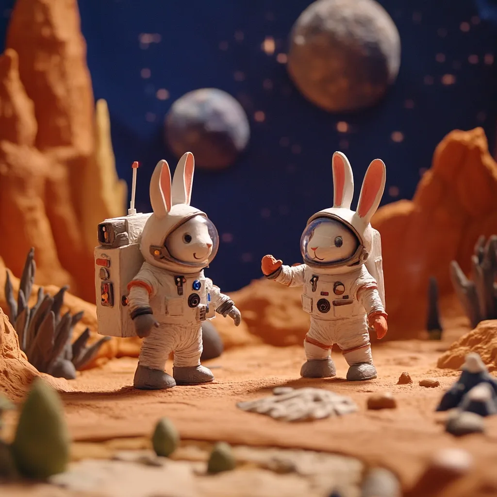 Two adorable rabbit astronauts in miniature, wearing detailed spacesuits, stand on a Martian-like landscape.  The scene features sculpted red sand, rocky formations, and a starry night sky with planets visible.  One rabbit seems to be greeting the other, creating a charming and whimsical space exploration narrative. The overall aesthetic is claymation-like, with a focus on handcrafted detail.