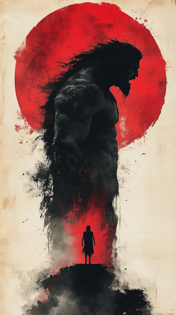 A dramatic artwork depicts a colossal, dark-haired figure silhouetted against a vibrant red sun.  The giant's musculature is subtly suggested, his form powerful and imposing.  A smaller, solitary female figure stands in the foreground, dwarfed by the immense presence behind her. The style is expressive, utilizing splashes of color and textured brushstrokes for a compelling visual contrast.  The overall mood is one of epic scale and potential confrontation.