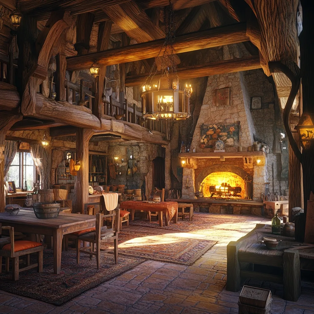 A rustic, warmly lit tavern or inn boasts a large stone fireplace crackling with fire, the central focus of a spacious room.  Wooden beams crisscross the high ceiling, supporting a gallery.  Heavy wooden tables and chairs are scattered across a richly patterned rug.  The atmosphere is cozy and inviting, reminiscent of a medieval fantasy setting.  Sunlight streams in, illuminating dust motes in the air.