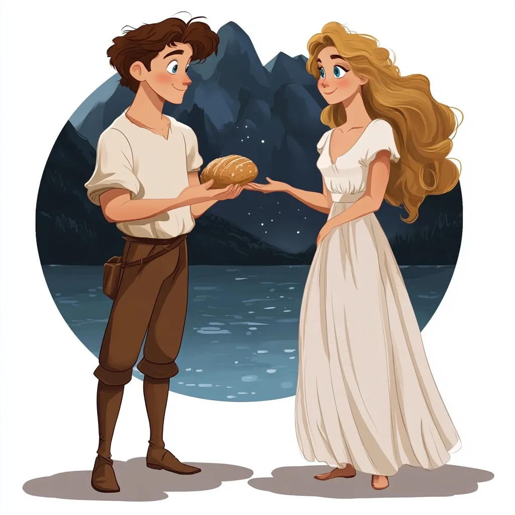 A young man in medieval attire offers a loaf of bread to a beautiful woman in a flowing white dress. They stand by a serene lake, mountains in the background under a starry night sky. The scene evokes a romantic and idyllic atmosphere, suggesting a tale of courtship or generosity. The art style is whimsical and charming, with soft colors and expressive characters.