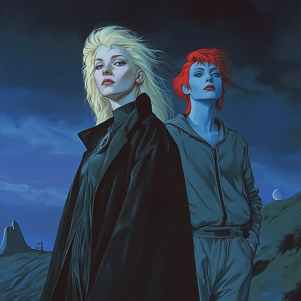 Two women stand against a twilight landscape.  One, with blonde hair, wears a long dark coat. The other, with vibrant red hair, is dressed in a teal jumpsuit.  A desolate, mountainous background with a large moon adds to the dramatic atmosphere.  Their expressions are serious, and their postures suggest a shared purpose or journey. The overall style is painterly and evocative.