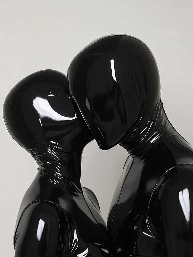 Two figures, clad in sleek, black latex bodysuits, are captured in an intimate embrace.  Their heads are tilted together, almost touching, creating a sense of unity and closeness. The glossy sheen of the material reflects light, highlighting the smooth curves of their forms against a plain, light grey background. The image is stark, minimalist, and suggestive.