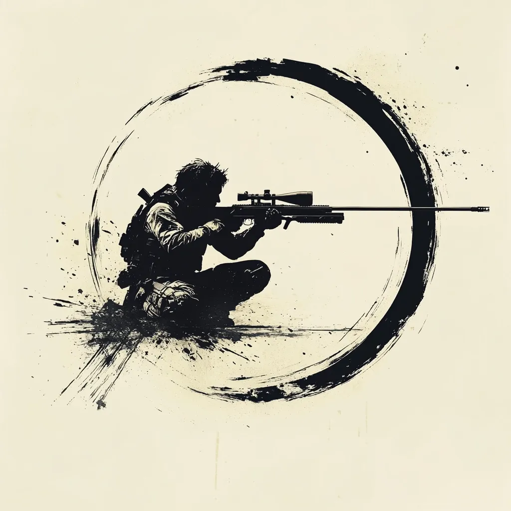 A stylized illustration depicts a lone sniper, crouched and aiming a high-powered rifle.  The figure is rendered in stark black silhouette against a muted beige background.  A dramatic, circular brushstroke element frames the sniper, adding an artistic and dynamic feel to the composition. The overall style is gritty and intense, suggestive of action and precision.