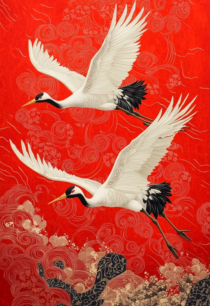 Two elegant white cranes with black wingtips soar against a vibrant red backdrop.  Intricate swirling patterns, reminiscent of clouds and waves, fill the background, creating a dynamic and artistic composition.  The cranes are depicted in exquisite detail, their wings spread wide in graceful flight, adding a sense of movement and freedom to the artwork.  The overall effect is one of beauty and serenity, evoking a sense of traditional Asian art.