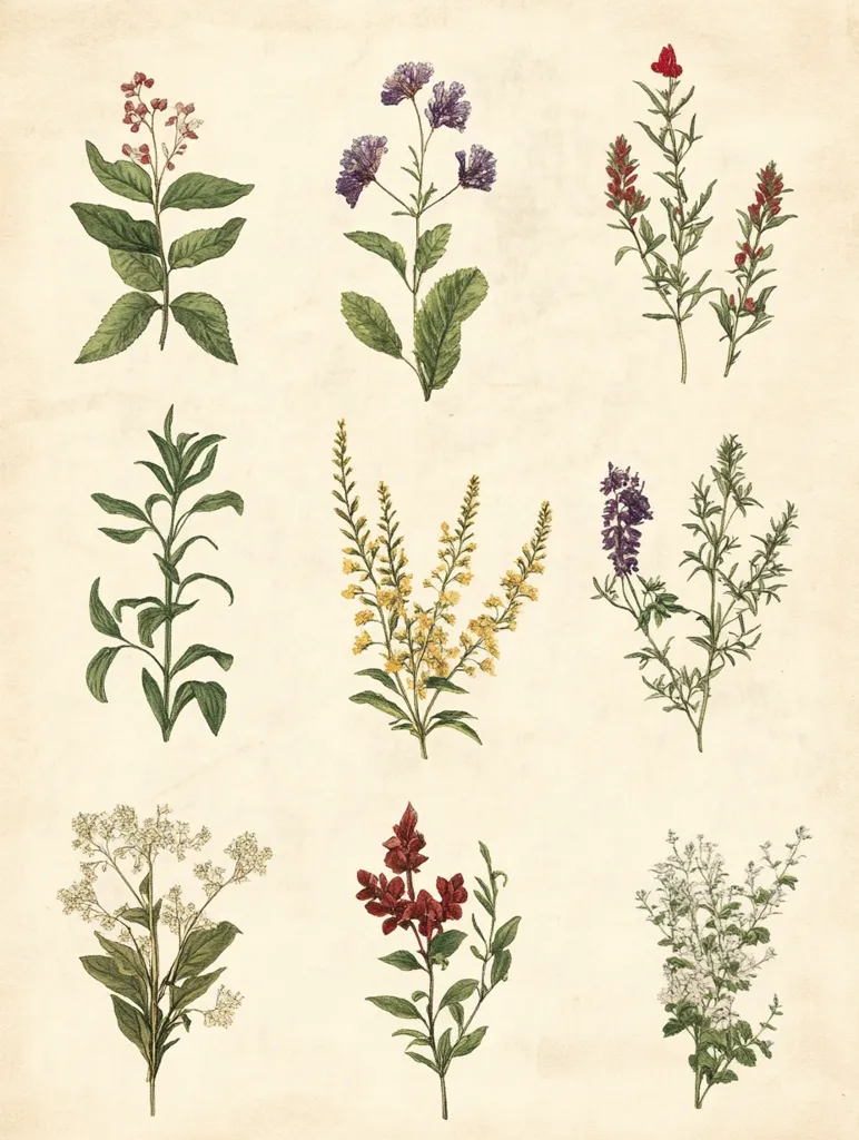 Nine botanical illustrations depict various flowering plants.  Each plant is meticulously rendered in detail, showcasing its leaves, stems, and blossoms in varying shades of red, purple, yellow, and white. The style is reminiscent of antique botanical prints, with a cream-colored background that enhances the artwork's vintage charm. The illustrations are arranged in a grid pattern, creating a visually appealing and organized composition.