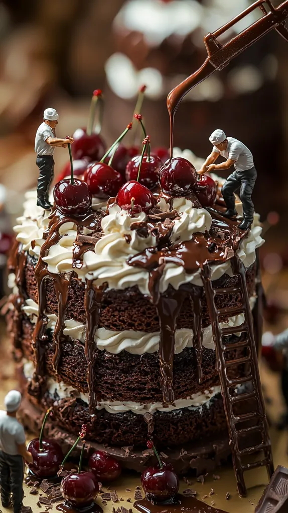 Miniature bakers decorate a decadent chocolate cake.  Layers of moist chocolate cake are interspersed with whipped cream and topped with glistening cherries and a rich chocolate ganache.  A chocolate ladder leans against the cake, adding to the whimsical scene.  The image evokes a sense of playful artistry and delicious indulgence.