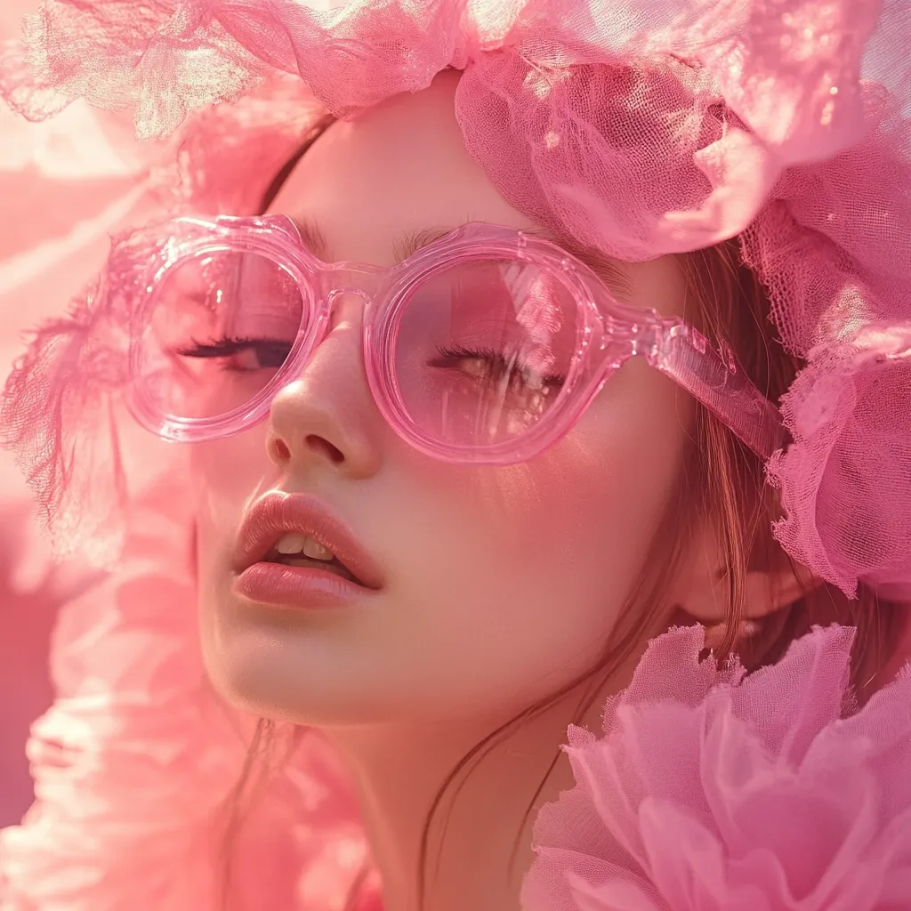 Close-up of a woman's face, partially obscured by a large, pink, translucent flower-like fabric. She wears pink, round, translucent glasses.  Her makeup is soft and pink, complementing the overall pastel palette.  The image has a dreamy, ethereal quality, with soft lighting and a focus on delicate textures.