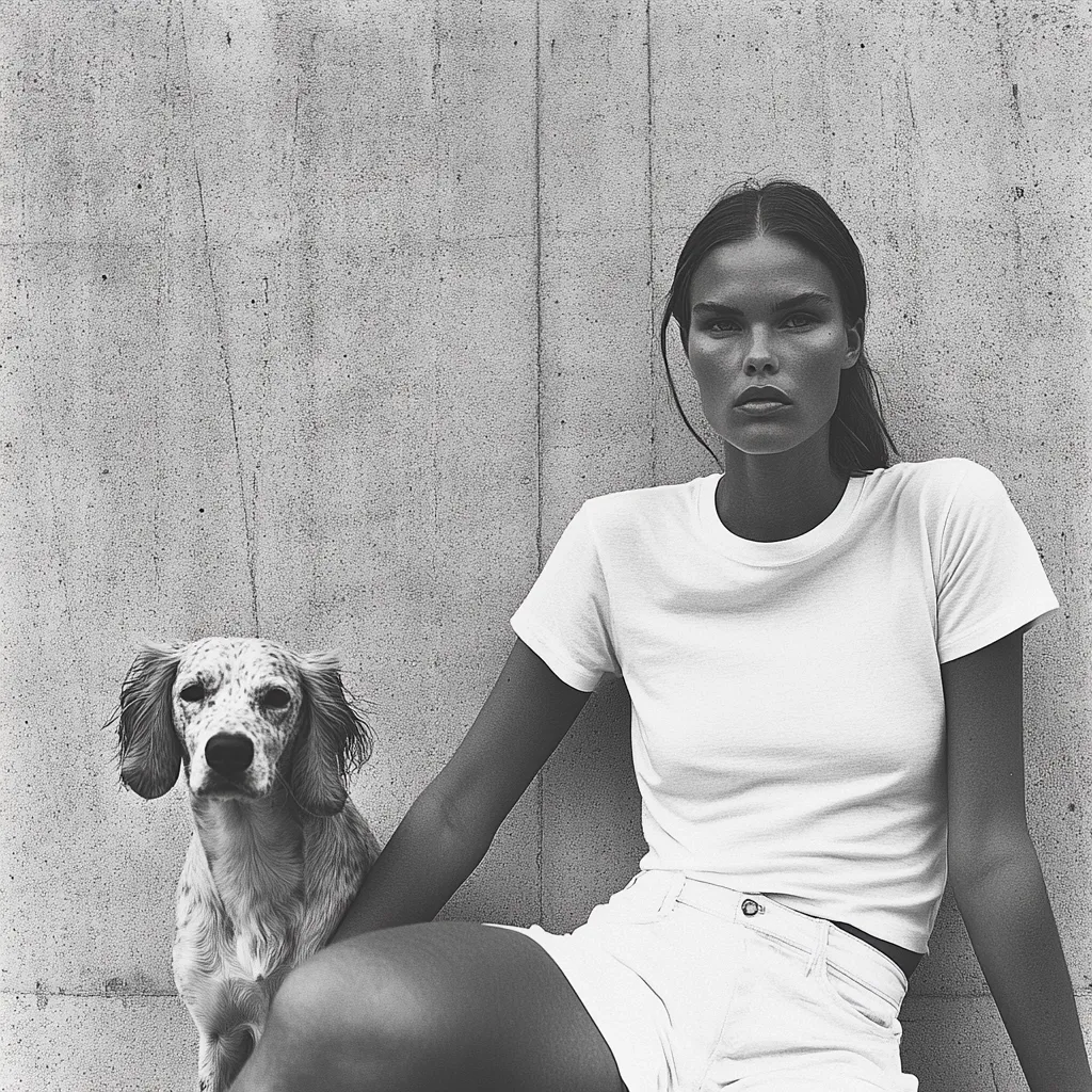 A monochrome image portrays a young woman with tan skin, dark hair pulled back, and a serene expression.  She's casually dressed in a white t-shirt and light-colored shorts, sitting against a textured concrete wall. A speckled, short-haired dog sits beside her, its gaze directed forward. The overall mood is calm and understated.