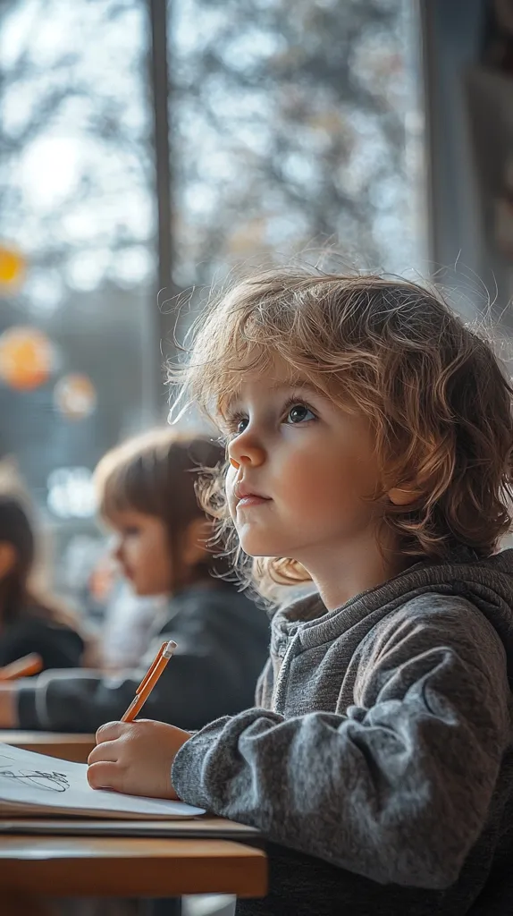 A young child with blonde, curly hair sits at a table, intently drawing with a colored pencil.  The child is wearing a grey hoodie and looks thoughtfully towards something off-camera. Another child, partially visible, sits nearby. The setting appears to be a classroom or similar learning environment, with a blurred window in the background.  The overall mood is one of quiet concentration and contemplation.