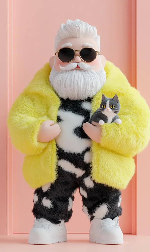 A stylish 3D-rendered Santa Claus figure sports a bright yellow fur coat, black and white patterned pants, and white sneakers.  He wears sunglasses and has a neatly trimmed white beard and mustache.  He gently holds a small black and white cat in his arms against his chest. The backdrop is a soft pink.  The overall style is fashionable and whimsical.