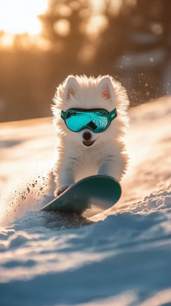 A fluffy white Samoyed puppy, wearing teal ski goggles, snowboards down a snowy slope at sunset.  The puppy's joyful expression and the golden light create a heartwarming winter scene.  Snow sprays behind the pup as it enjoys its snowy adventure.  The image is playful and captures the spirit of winter fun.
