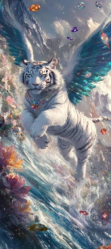A majestic white tiger, adorned with a jeweled necklace, soars through the air with teal wings.  Surrounded by vibrant flowers and sparkling gemstones, it leaps over a cascading wave against a backdrop of snow-capped mountains.  The scene is ethereal and fantastical, blending elements of nature and magic.