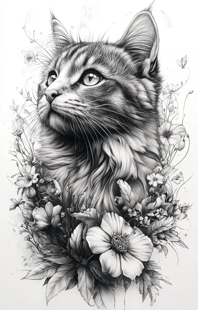 A stunning monochromatic pencil drawing showcases a long-haired cat, its gaze directed upwards.  The cat's fur is meticulously detailed, exhibiting a soft, fluffy texture.  It is surrounded by a vibrant arrangement of flowers and foliage, creating a harmonious blend of animal and floral elements.  The overall style is realistic with a touch of romanticism, emphasizing the beauty of both the cat and the flowers.