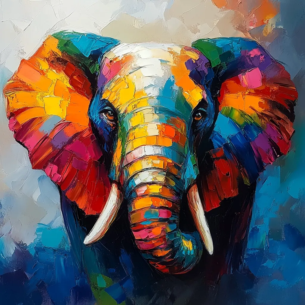 A vibrant, impasto oil painting depicts an elephant's head and shoulders.  The elephant is rendered in a bold, colorful palette of blues, reds, yellows, and pinks, applied with thick, textured brushstrokes.  The background is a contrasting blend of darker blues and greys. The elephant's features are sharply defined against the dynamic background.  The overall effect is one of energy and striking visual impact.