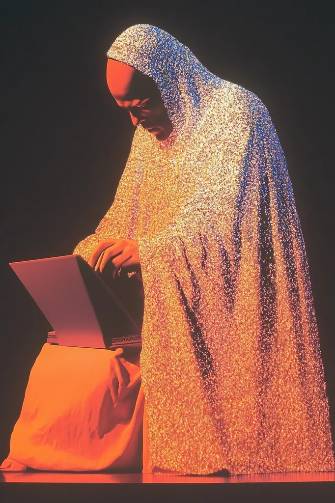 A person, cloaked in a shimmering, orange and blue garment, sits hunched over a laptop. The fabric appears to be composed of countless tiny particles of light, creating a luminous and ethereal effect.  The figure's face is partially obscured, adding to the mysterious and contemplative mood of the image. The overall tone is warm, yet somewhat enigmatic.