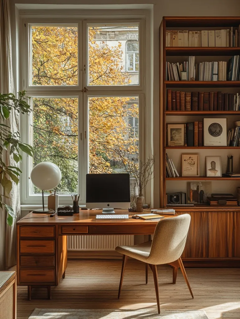 A mid-century modern home office features a wooden desk positioned beneath a large window showcasing autumnal foliage.  A beige chair sits at the desk, alongside a computer and desk lamp.  A tall wooden bookcase filled with books and framed artwork stands to the right, completing the warm and inviting workspace.  Natural light streams through the window, illuminating the room.