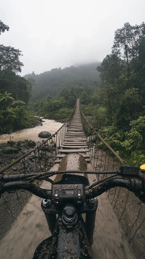A muddy motorbike approaches a rustic rope bridge spanning a river in a lush, misty rainforest.  The bridge is made of weathered wood and appears precarious.  The scene is atmospheric and evokes a sense of adventure and remote exploration.  The overcast sky and surrounding dense vegetation create a moody atmosphere.