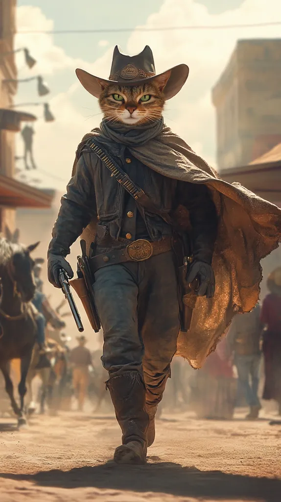 A tabby cat, wearing a cowboy hat, leather jacket, and chaps, strides confidently down a dusty street.  The cat grips a pistol in its paw, its intense gaze fixed ahead.  A backdrop of a Wild West town and other figures adds to the scene's adventurous and whimsical atmosphere.  The cat exudes a sense of determination and strength, a feline gunslinger in the heart of the Old West.