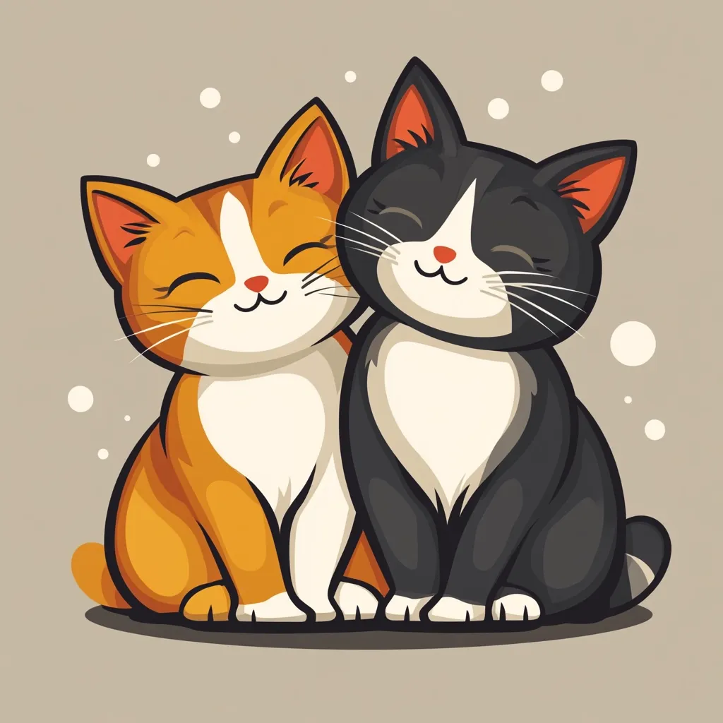 An illustration of two adorable cartoon cats sitting side-by-side.  One cat is orange and white, the other black and white.  Both cats have closed eyes and happy expressions, conveying a sense of affection and companionship.  The style is cute and friendly, suitable for children's books or greeting cards.  A simple, light beige background enhances the image's charm.