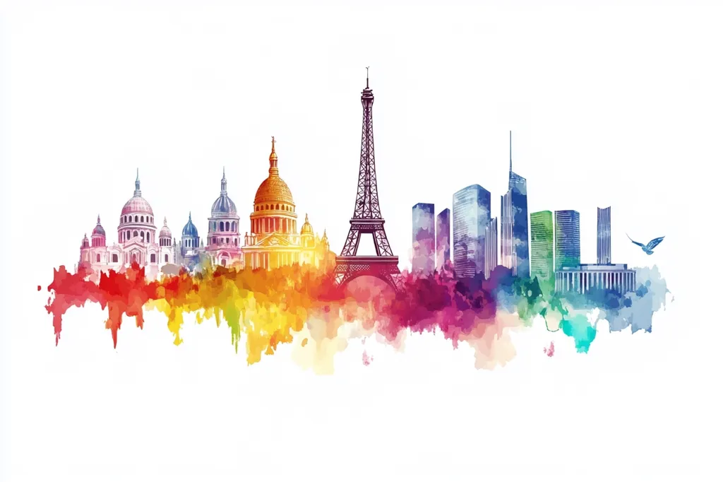 A vibrant watercolor painting depicts the Paris skyline.  Iconic landmarks like the Eiffel Tower, Sacré-Cœur Basilica, and Parisian churches are rendered in a colorful, stylized manner.  Modern skyscrapers contrast with the historical architecture, all set against a backdrop of rainbow-hued watercolor washes. A single bird is visible in the upper right corner, adding a touch of whimsy.