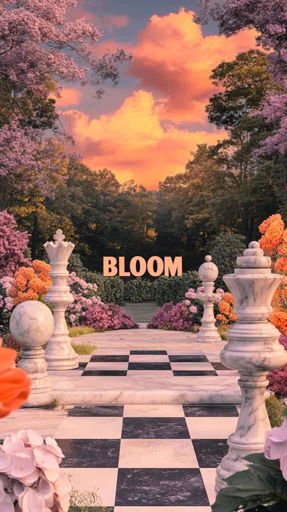 A large, stone chessboard sits in a beautiful garden at sunset.  Giant chess pieces flank the board, leading the eye towards a vibrant, blooming landscape bathed in warm, orange light. The word "BLOOM" is prominently displayed, emphasizing the scene's floral abundance and peaceful atmosphere.  Pink and orange flowers add splashes of color to the idyllic setting.