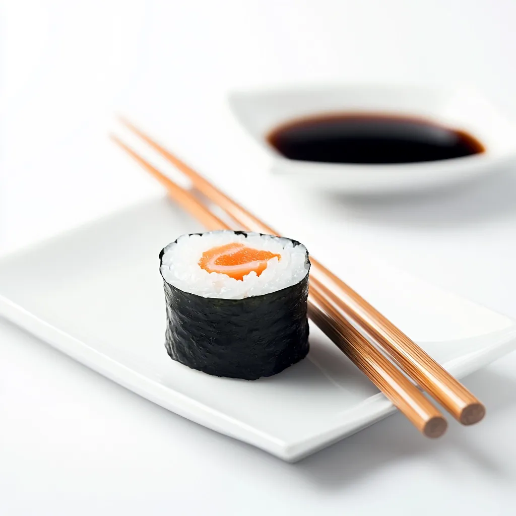 A single piece of salmon maki sushi rests on a small white plate.  Wooden chopsticks are placed beside it. A small dish of soy sauce is blurred in the background. The overall presentation is clean and minimalist, highlighting the fresh sushi.  The image emphasizes simplicity and elegance.
