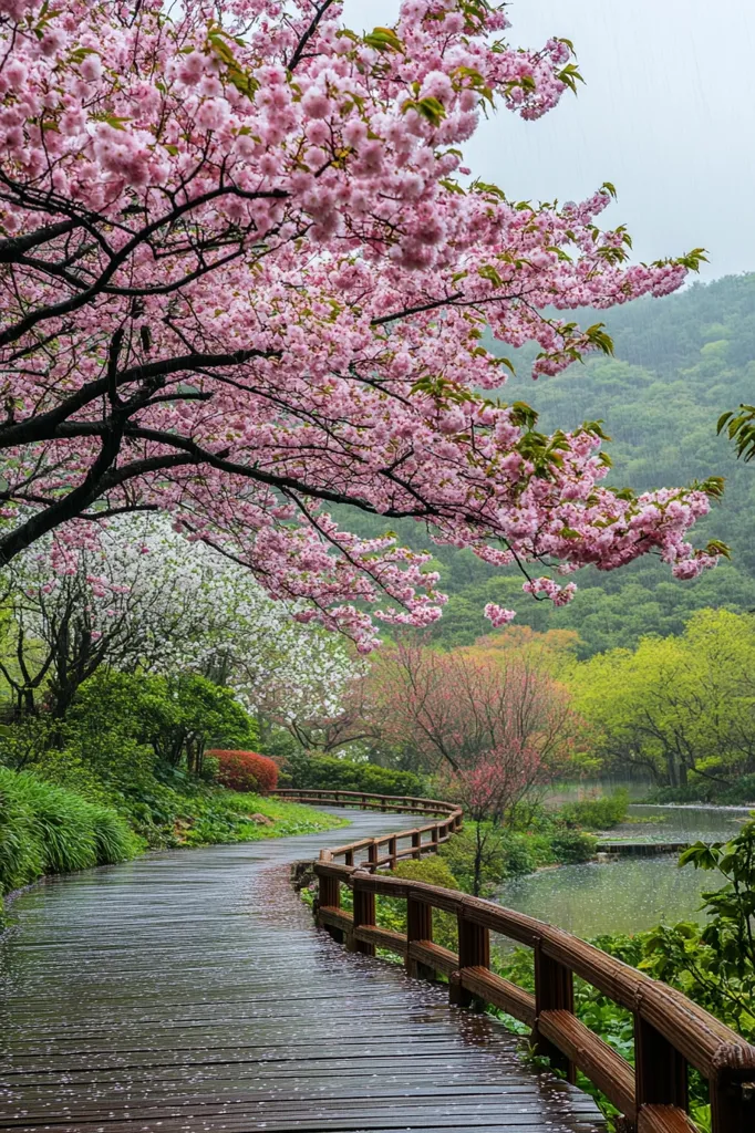A tranquil scene unfolds: a wooden pathway curves gently through a lush garden, its surface glistening with rain.  Overhanging branches laden with delicate pink cherry blossoms create a vibrant canopy.  The path leads towards a serene pond nestled amidst verdant hills, creating a picturesque and peaceful atmosphere.  Petals from the blossoming trees gently scatter across the wet wood.